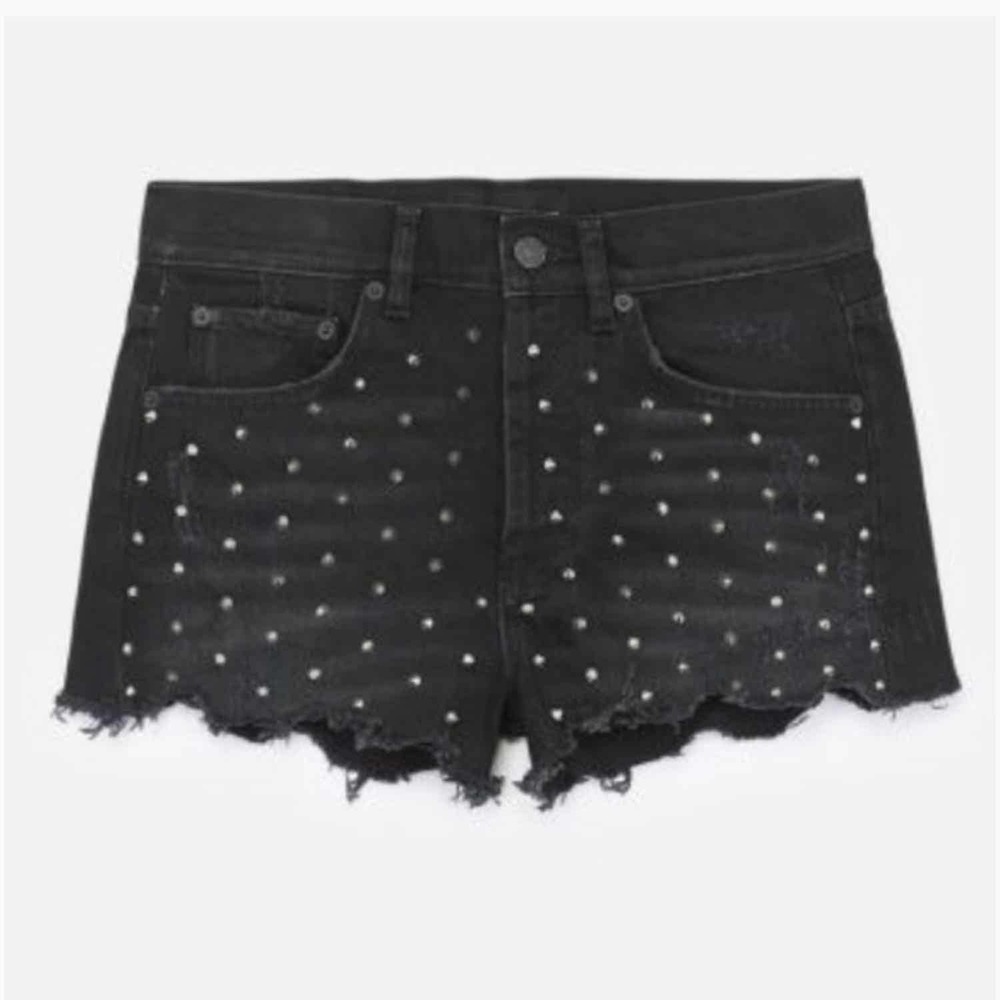 The Kooples Studded Denim Distressed Fray Cheeky Mini Shorts Black